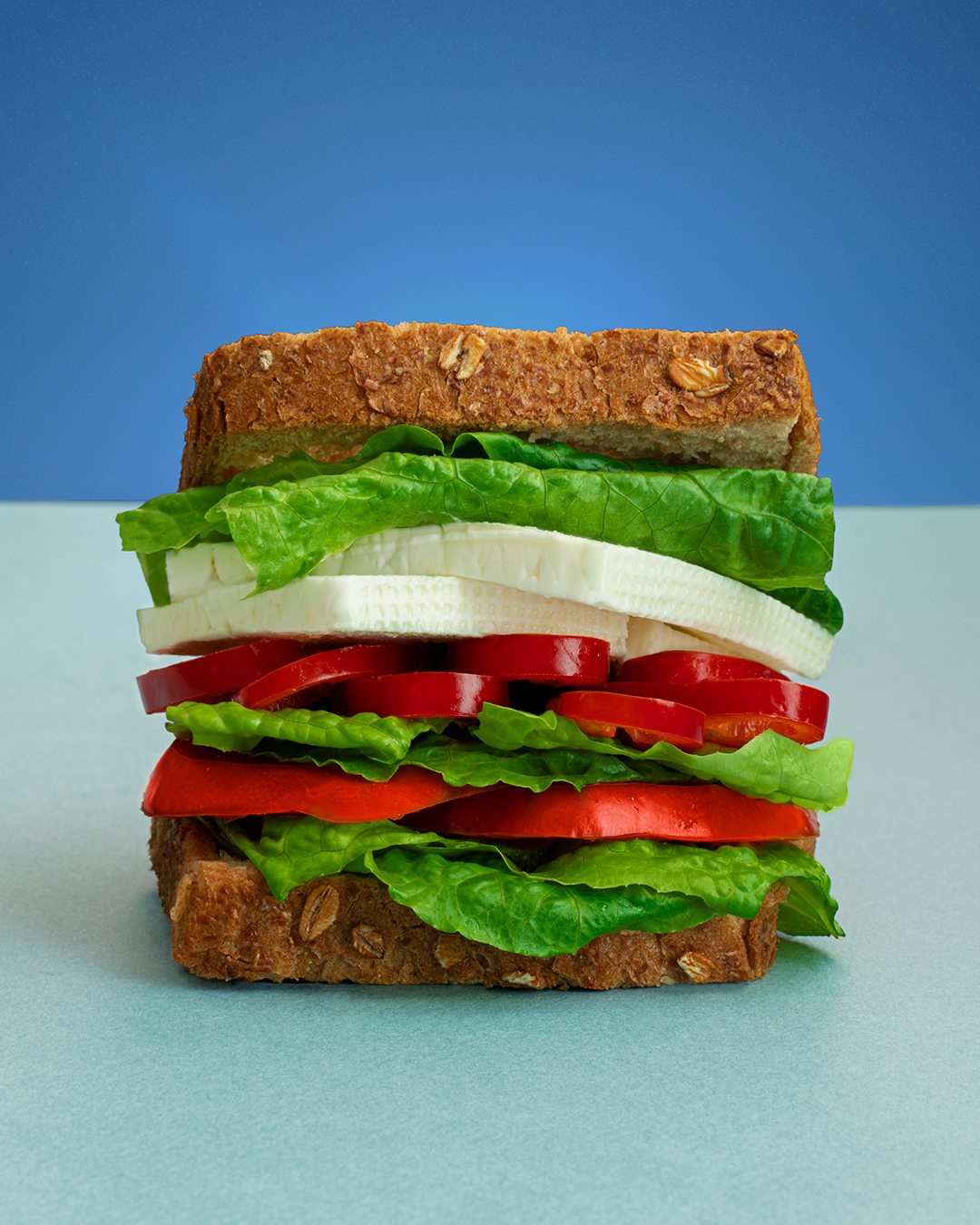 Layered sandwich on blue background