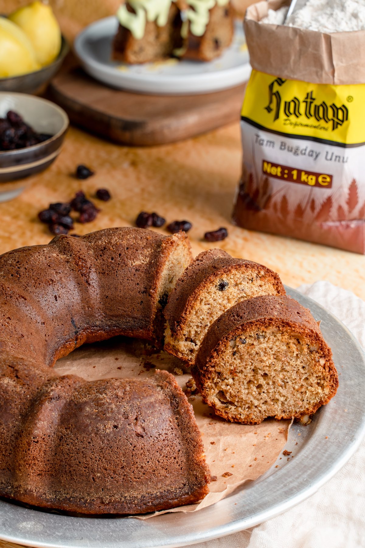Bundt cake with flour and cranberries