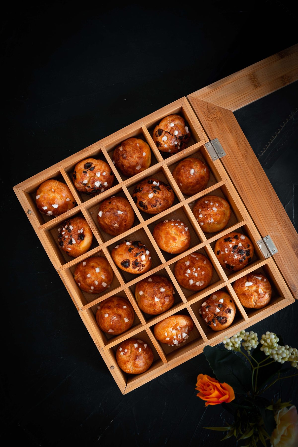Chouquettes in a wooden gift box