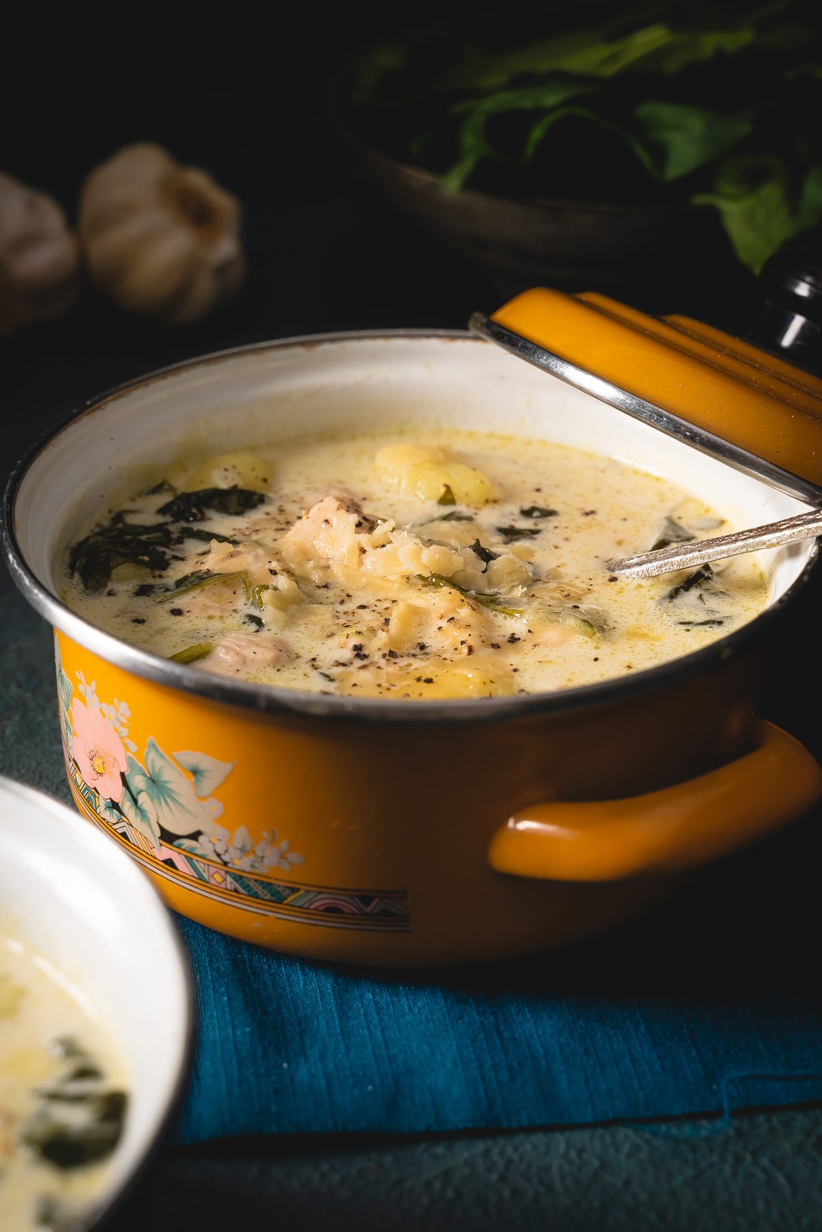 Gnocchi chicken soup in enamel pot