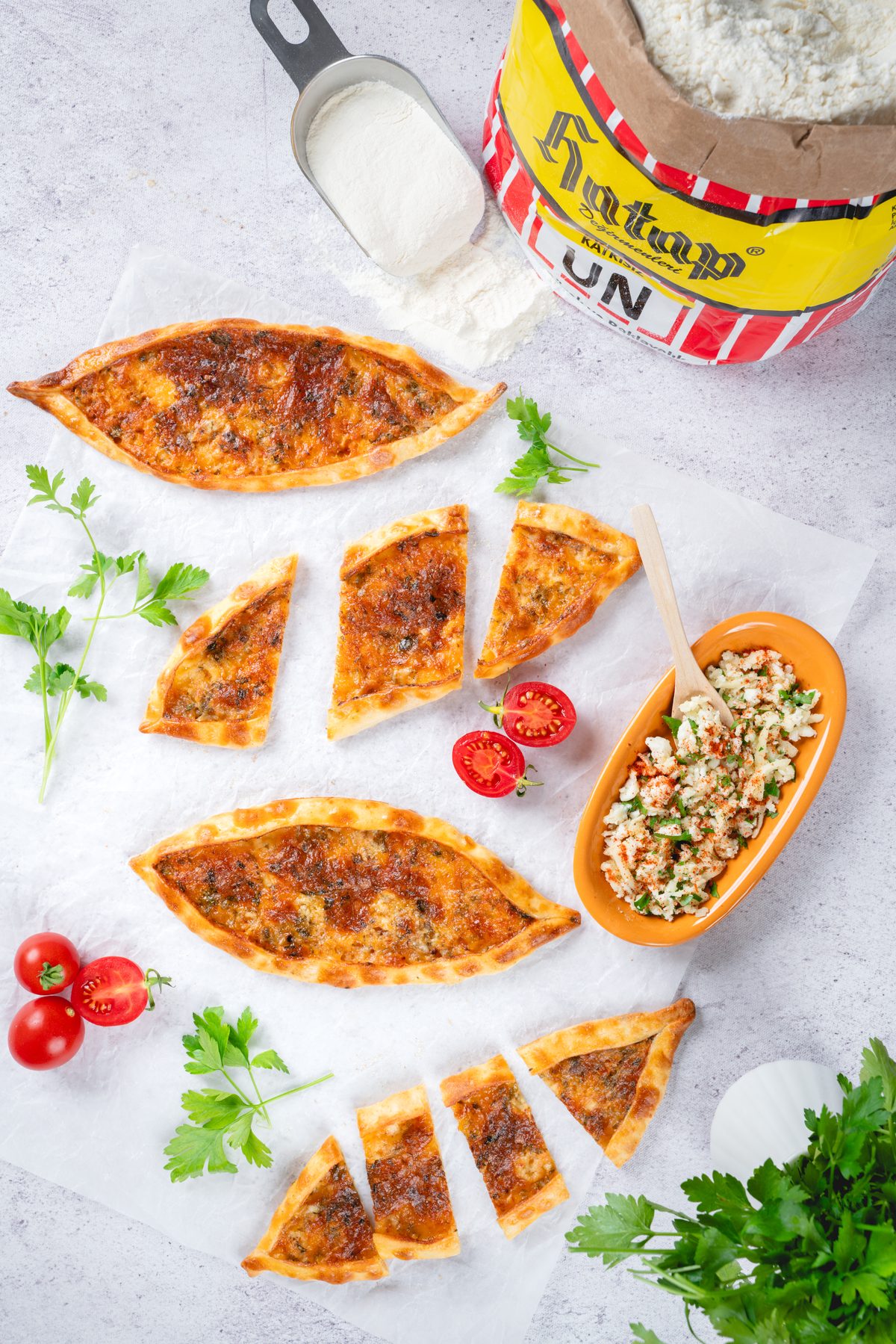 Peynirli pide Turkish flatbread overhead